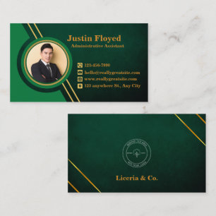 Tarjeta De Visita Nombre del logotipo comercial Imagen verde y dorad
