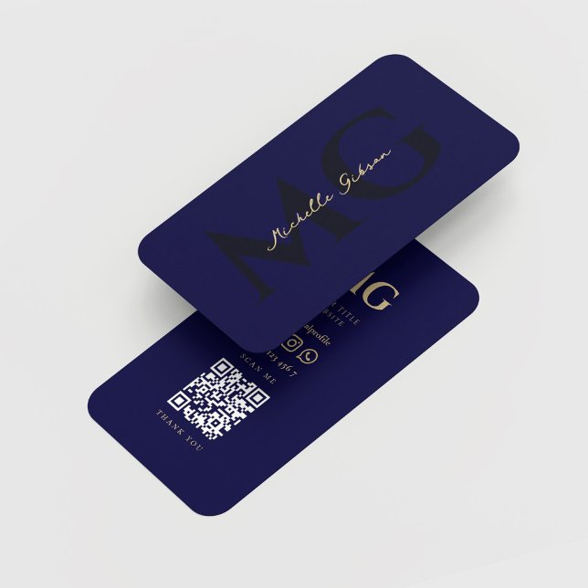 Tarjeta De Visita Nombre moderno de monograma Iniciales QR azul medi (Modern Monogram Name Initials Midnight Blue QR)