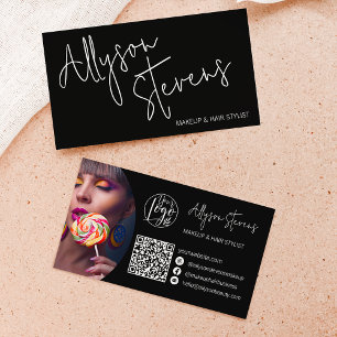 Tarjeta De Visita Nombre moderno negrita guión maquillaje de pelo qr
