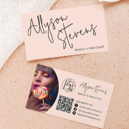 Tarjeta De Visita Nombre moderno negrita guión maquillaje de pelo qr