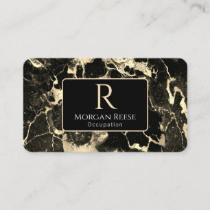 Tarjeta De Visita Nombre/Monograma, Código QR, Mármol Negro/Dorado V
