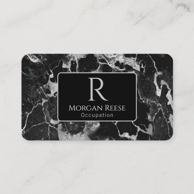 Tarjeta De Visita Nombre/Monograma, código QR, mármol negro/gris Vs2 (Anverso)