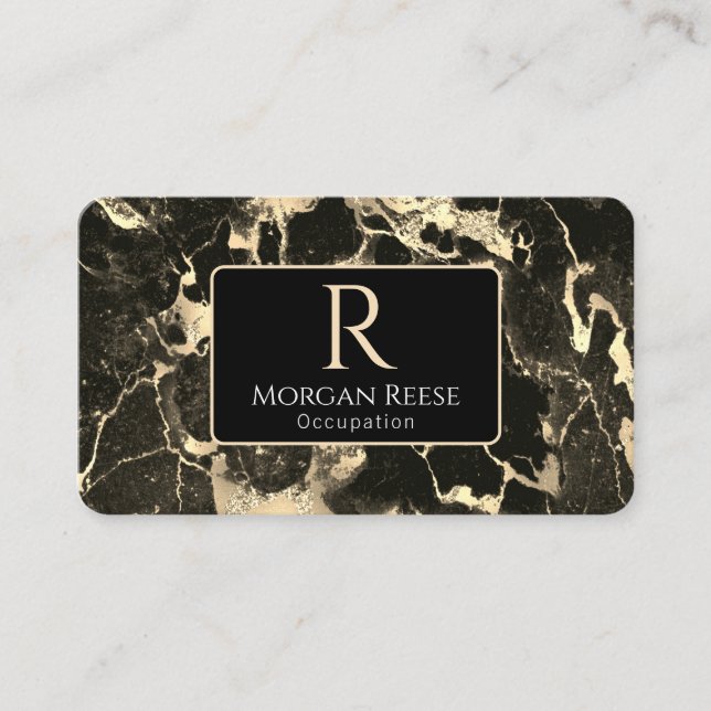 Tarjeta De Visita Nombre/Monograma, Código QR, Mármol Negro/Oro Vs2 (Anverso)