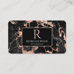 Tarjeta De Visita Nombre/Monograma, Código QR, Mármol Negro/Rosa Dor