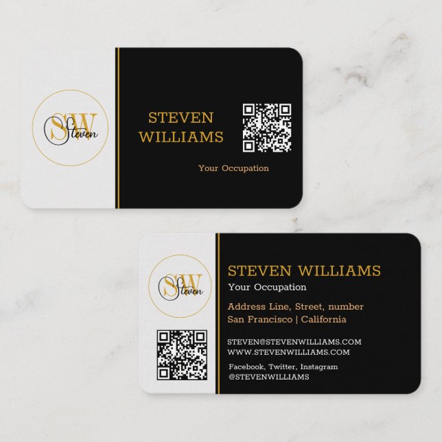 Tarjeta De Visita Nombre monogramado moderno, firma / código QR (Anverso / Reverso)