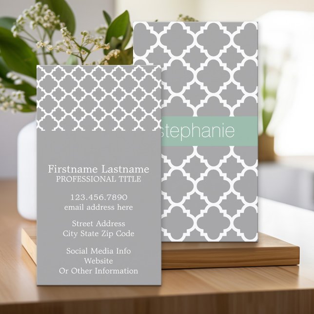 Tarjeta De Visita Nombre personalizado del patrón de quatrefoil gris (Custom Printed Business Card)