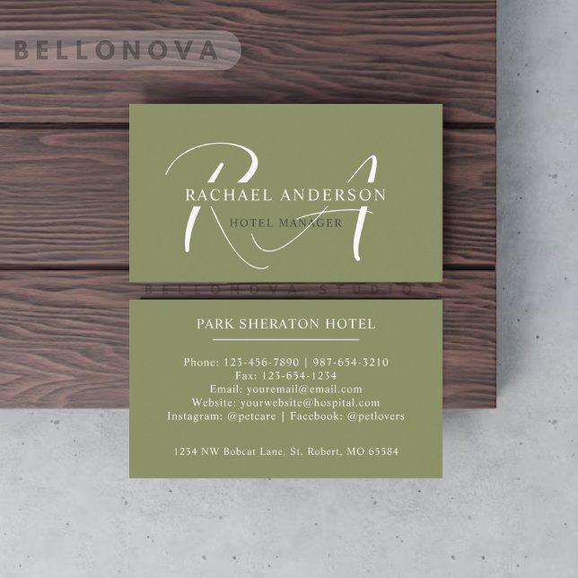 Tarjeta De Visita Nombre personalizado Moss Sage Olive Green Monogra (Custom Name Moss Sage Olive Green White Monogram Business Card)