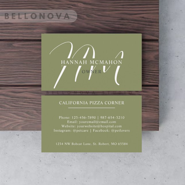 Tarjeta De Visita Nombre personalizado Moss Sage Olive Green Monogra (Custom Name Moss Sage Olive Green White Monogram Business Card)
