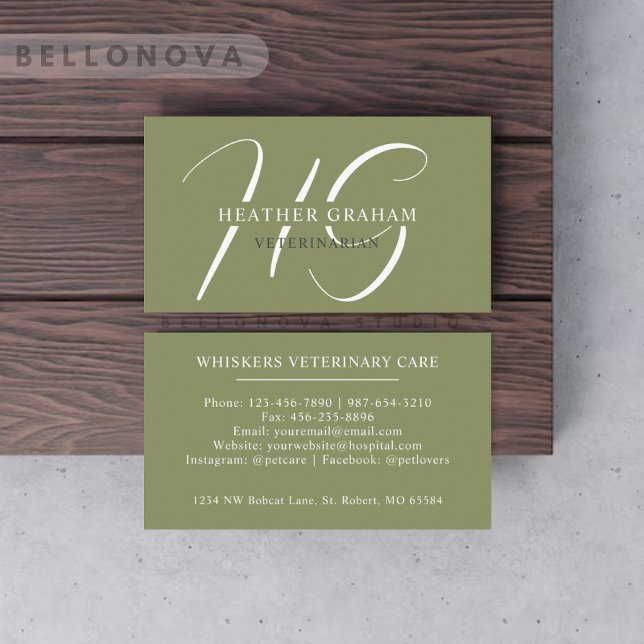 Tarjeta De Visita Nombre personalizado Moss Sage Olive Green Monogra (Custom Name Moss Sage Olive Green White Monogram Business Card)
