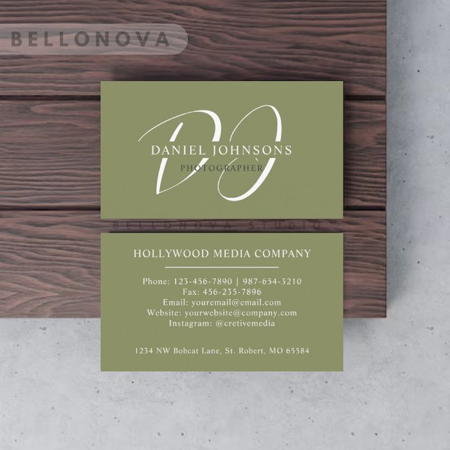 Tarjeta De Visita Nombre personalizado Moss Sage Olive Green Monogra (Custom Name Moss Sage Olive Green White Monogram Business Card)