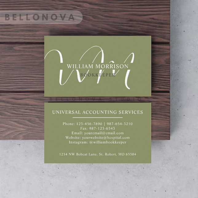 Tarjeta De Visita Nombre personalizado Moss Sage Olive Green Monogra (Custom Name Moss Sage Olive Green White Monogram Business Card)