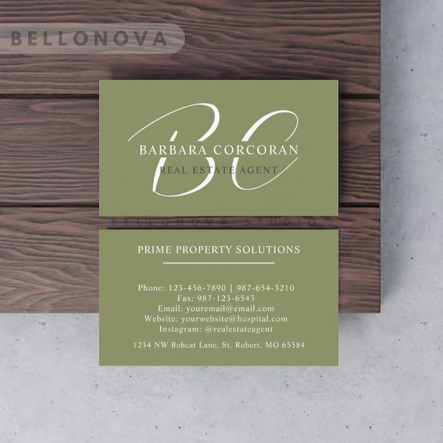 Tarjeta De Visita Nombre personalizado Moss Sage Olive Green Monogra (Custom Name Moss Sage Olive Green White Monogram Business Card)