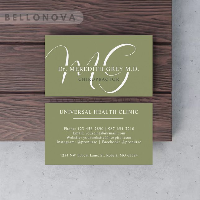 Tarjeta De Visita Nombre personalizado Moss Sage Olive Green Monogra (Custom Name Moss Sage Olive Green White Monogram Business Card)