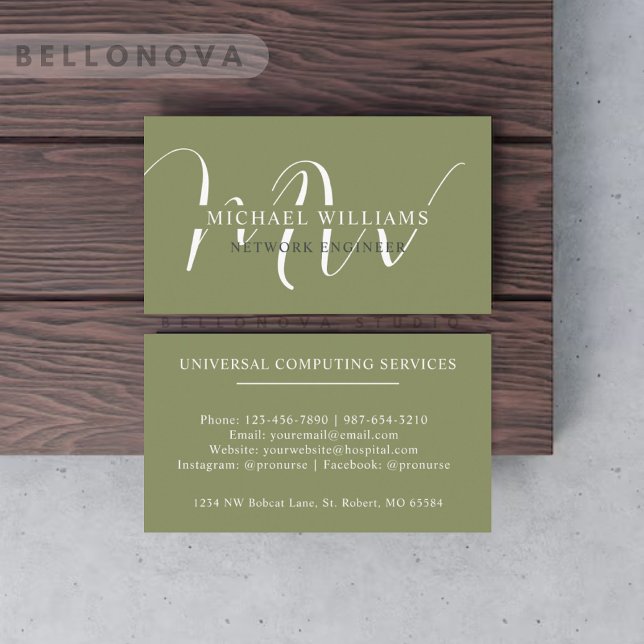 Tarjeta De Visita Nombre personalizado Moss Sage Olive Green Monogra (Custom Name Moss Sage Olive Green White Monogram Business Card)