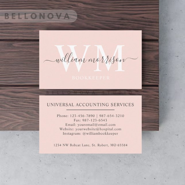 Tarjeta De Visita Nombre personalizado Pastel pálido Monograma negro (Custom Name Pale Pastel Pink White Black Monogram Business Card)