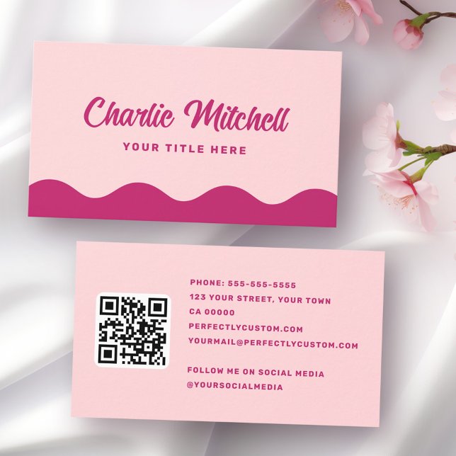 Tarjeta De Visita Nombre retro rosa burgundy wavy ondas frontera (Pink burgundy retro name wavy waves border business card)