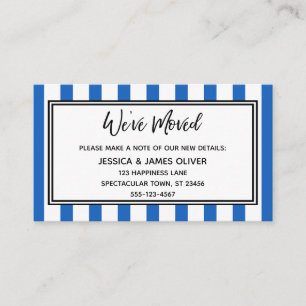 Tarjeta De Visita "Nos Mudamos" Rayas Verticales Azules y Blancas