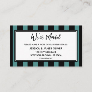 Tarjeta De Visita "Nos Mudamos" Rayas Verticales Negras y Azul Teal