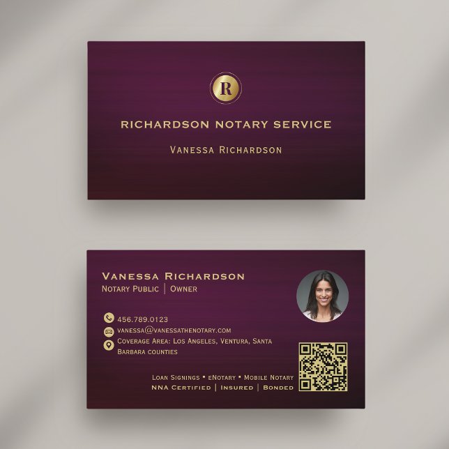 Tarjeta De Visita Nota notarial elegante de monograma morado oscuro  (Subido por el creador)