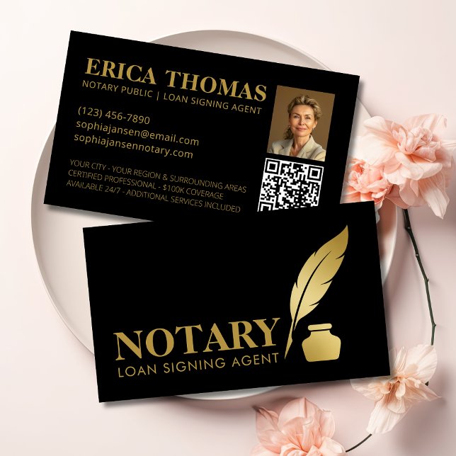 Tarjeta de visita notarial moderna con código QR (Modern Notary Photo Business Card with QR Code)