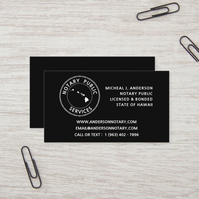 Tarjeta De Visita Notario de Hawái Servicios Públicos (Anverso/Reverso In Situ)
