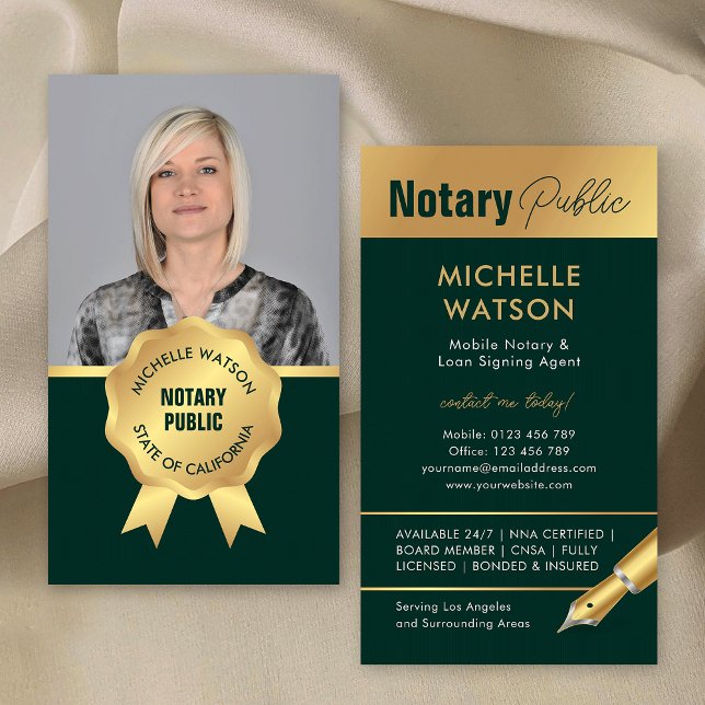 Tarjeta De Visita Notario moderno foto pública verde y oro (Professional notary loan signing agent business cards in emerald green and gold)