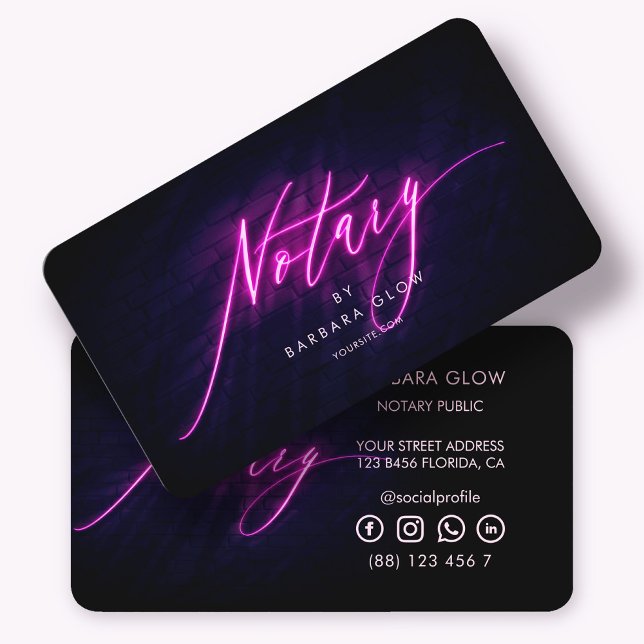 Tarjeta De Visita Notario moderno público resplandeciente Neon Purpl (Subido por el creador)
