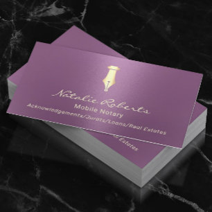 Tarjeta De Visita Notario Móvil Público Signo de Oro Pluma Púrpura