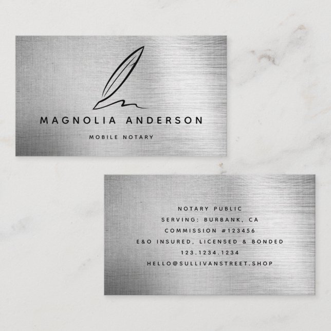 Tarjeta De Visita Notario móvil Quill Silver cepillado Metalizado (Anverso / Reverso)