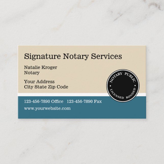 Tarjeta De Visita Notario público y emblema verde azulados y beige (Anverso)