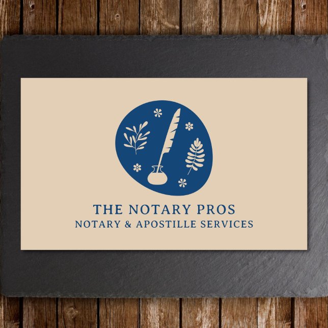 Tarjeta De Visita Notario Servicio de Apostilla Pública Earthy Boho  (A notary business card featuring a quill in a boho style. Shown on a slate and wood background. )