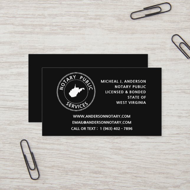 Tarjeta De Visita Notario Servicios Públicos de Virginia Occidental (Anverso/Reverso In Situ)