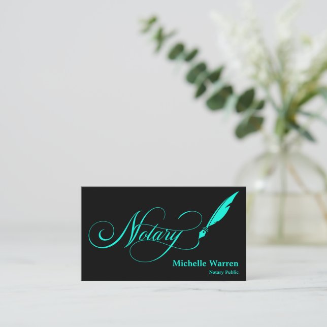 Tarjeta De Visita notary feather pen loan firma turquoise business (Anverso de pie)
