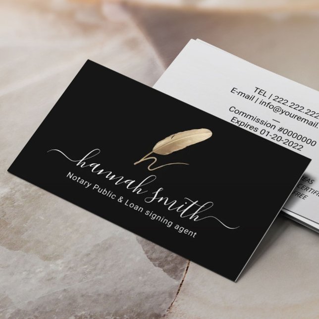 Tarjeta De Visita Notary Loan Siging Agent Gold Quill Logo Black (Subido por el creador)