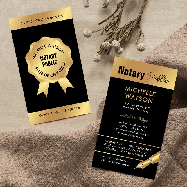 Tarjeta De Visita Notary Loan Siging Agent Modern Black & Gold (Modern attorney and loan signing agent business cards in black and gold)