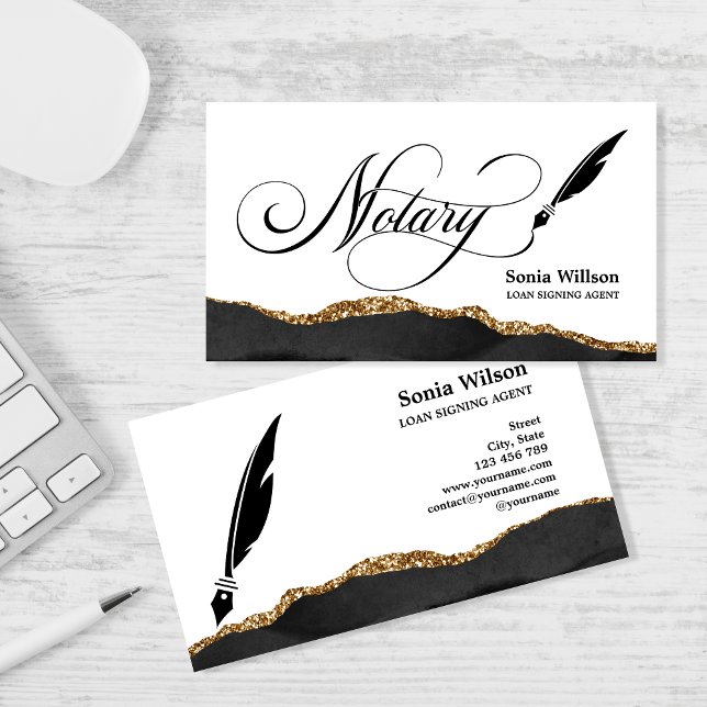 Tarjeta De Visita Notary Loan Siging Agent Modern Black Gold Agate (Subido por el creador)