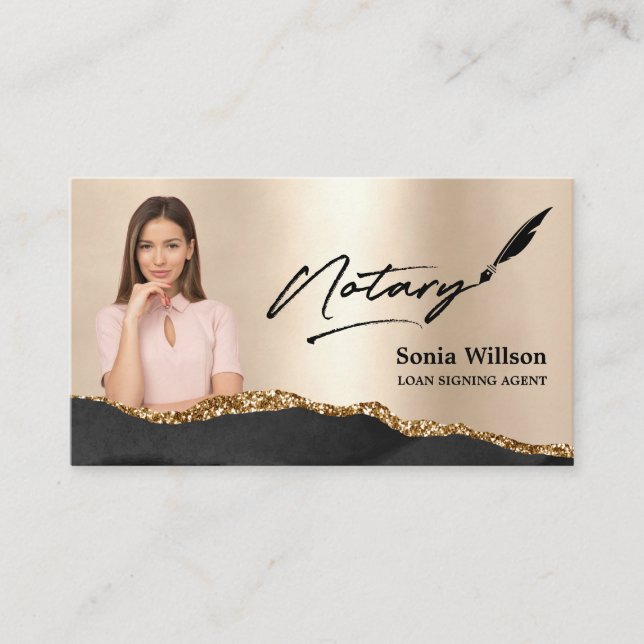 Tarjeta De Visita Notary Loan Siging Agent Modern Black Gold Photo (Anverso)