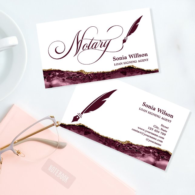 Tarjeta De Visita Notary Loan Siging Agent Modern Burgundy Agate (Subido por el creador)