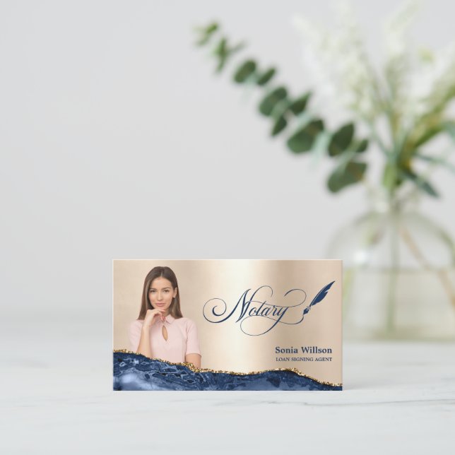 Tarjeta De Visita Notary Loan Siging Agent Modern Navy Blue Agate (Anverso de pie)