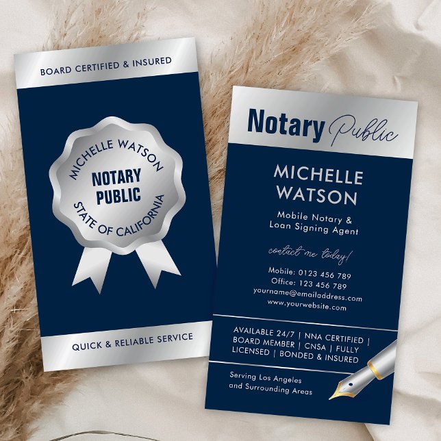 Tarjeta De Visita Notary Loan Siging Agent Modern Navy & Silver (Stylish notary public & lawyer business cards in navy blue and silver)