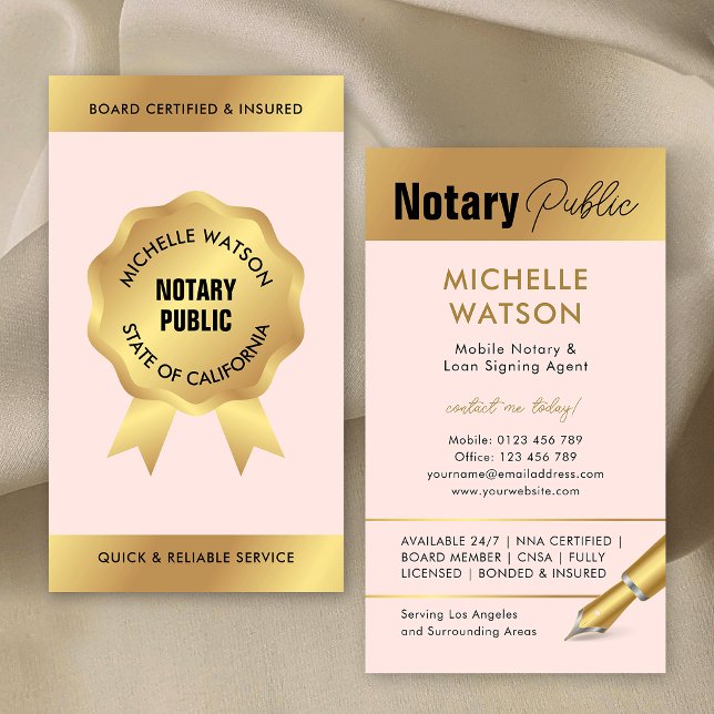 Tarjeta De Visita Notary Loan Siging Agent Modern Rubor Pink & Gold (Feminine notary public loan signing agent business cards in blush pink and gold)