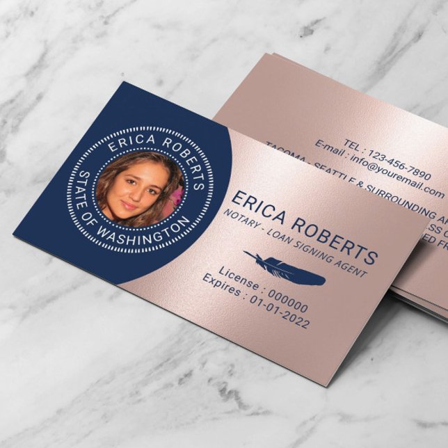 Tarjeta De Visita Notary Loan Siging Agent Navy Rosa Gold Photo (Subido por el creador)