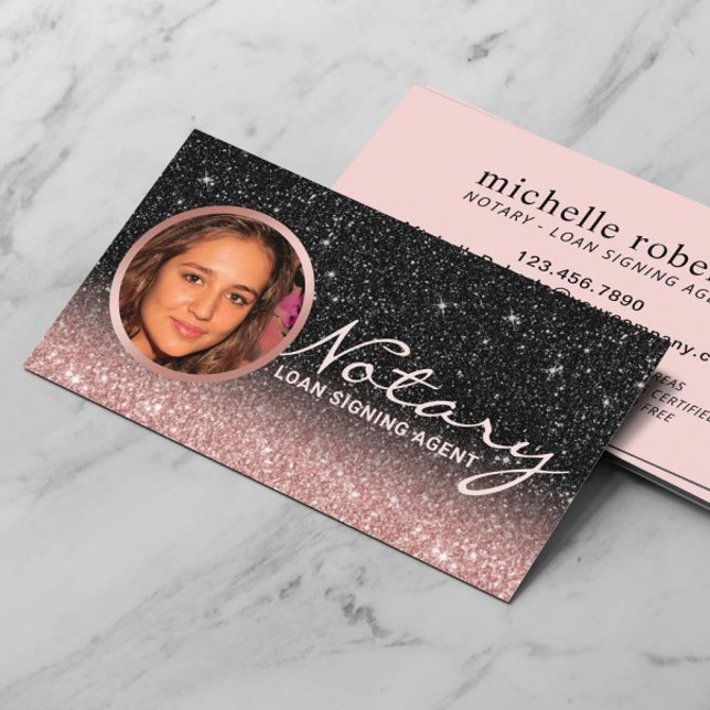 Tarjeta De Visita Notary Loan Siging Agent Rosa Gold & Black Photo (Subido por el creador)