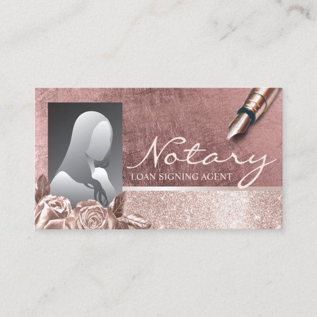 Tarjeta De Visita Notary Loan Siging Agent Rosa Gold Floral Photo (Anverso)