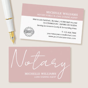 Tarjeta De Visita Notary Loan Siging Agent Script Logo Dusty Pink