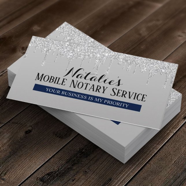 Tarjeta De Visita Notary Loan Siging Agent Silver Drips Navy Blue (Subido por el creador)