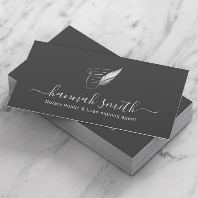 Tarjeta De Visita Notary Loan Siging Agent Silver Quill Logo Gray (Subido por el creador)