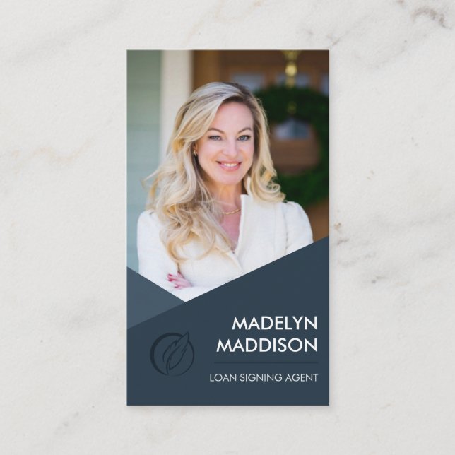 Tarjeta De Visita Notary Loan Signing Agent Modern Dark Azure Photo (Anverso)