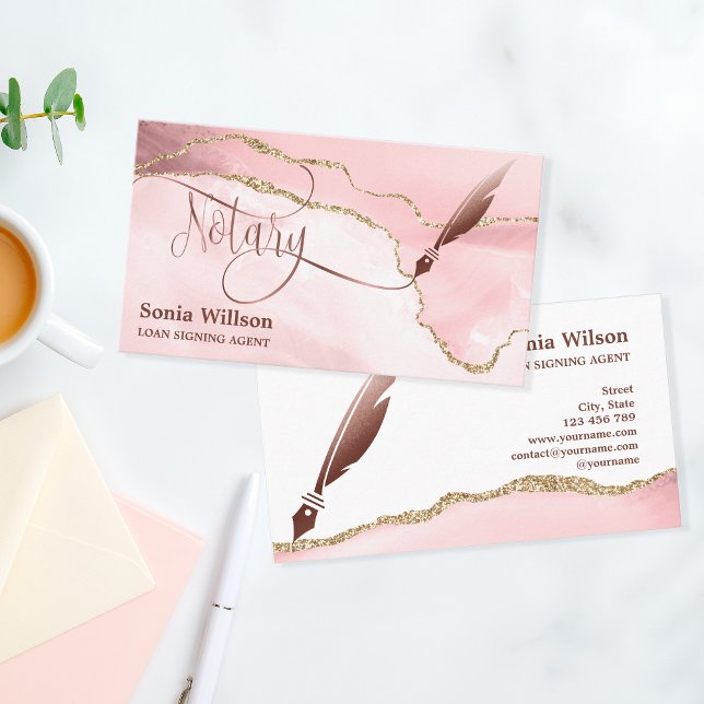 Tarjeta De Visita Notary Loan Signing Agent Modern Rosa Gold Agate (Subido por el creador)