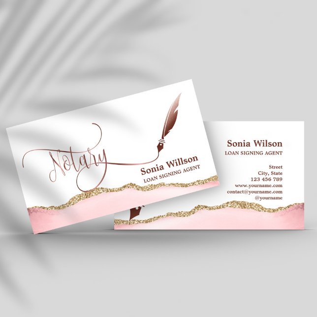 Tarjeta De Visita Notary Loan Signing Agent Modern Rosa Gold Agate (Subido por el creador)